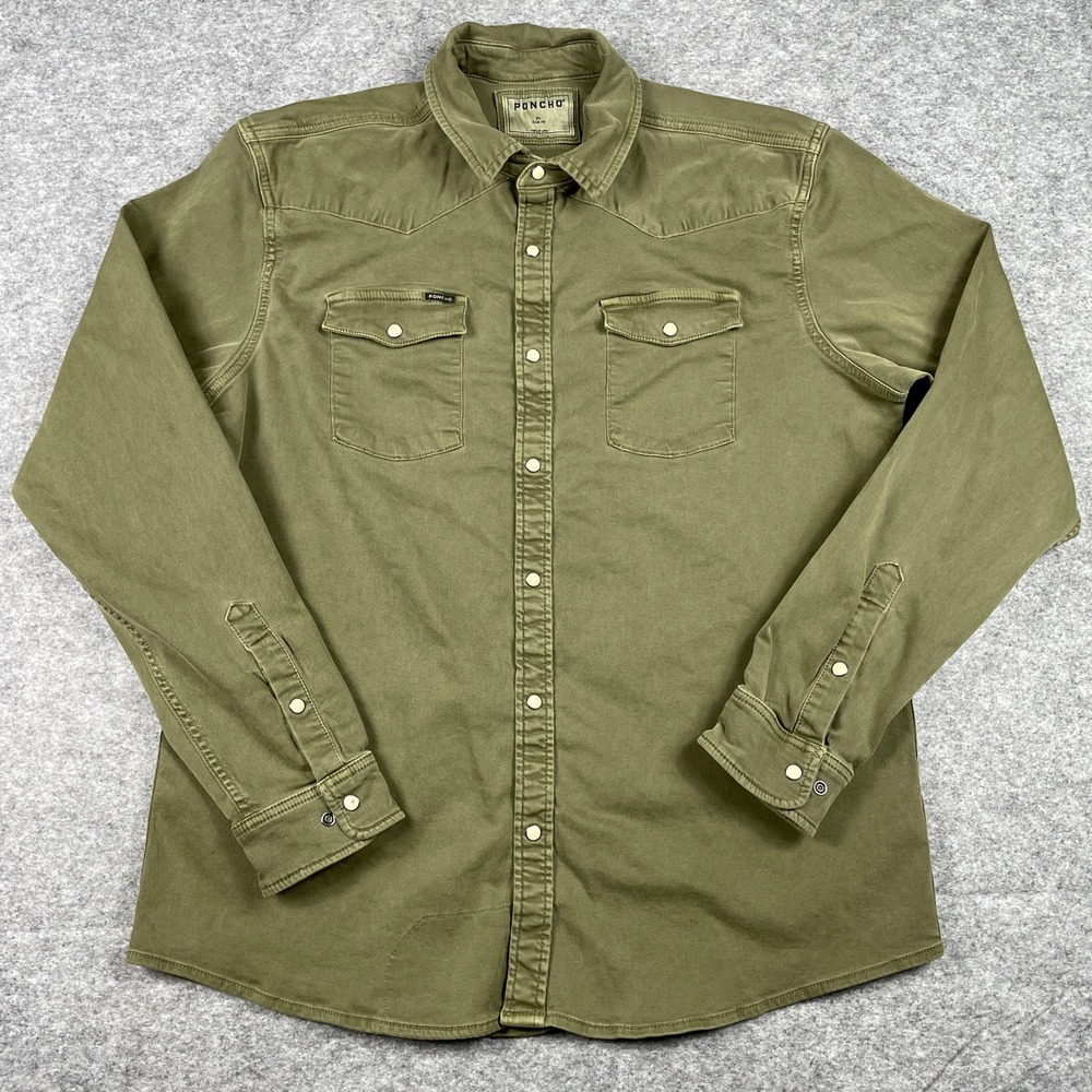 Poncho Pearl Snap Shirt Mens XL Slim Fit Olive Green Western Stretch Twill